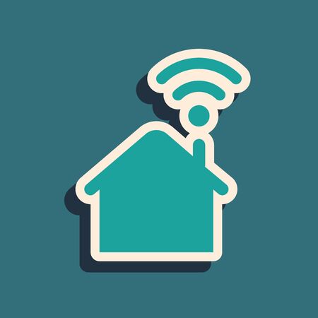 Green Smart home with wi-fi icon isolated on blue background. Remote control. Long shadow style. Vector Illustrationのイラスト素材