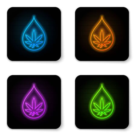 Glowing neon Medical marijuana or cannabis leaf olive oil drop icon isolated on white background. Cannabis extract. Hemp symbol. Black square button. Vector Illustrationのイラスト素材