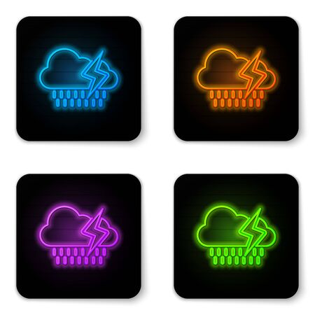 Glowing neon Cloud with rain and lightning icon isolated on white background. Rain cloud precipitation with rain drops.Weather icon of storm. Black square button. Vector Illustrationのイラスト素材