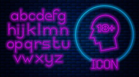 Glowing neon Human head with inscription 18 plus icon isolated on brick wall background. 18 plus content sign. Adults content only icon. Neon light alphabet. Vector Illustrationのイラスト素材