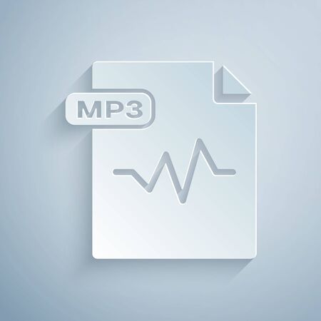 Paper cut MP3 file document. Download mp3 button icon isolated on grey background. Mp3 music format sign. MP3 file symbol. Paper art style. Vector Illustrationのイラスト素材