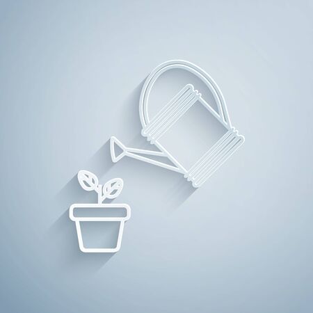 Paper cut Watering can sprays water drops above plant in pot icon isolated on grey background. Irrigation symbol. Paper art style. Vector Illustrationのイラスト素材