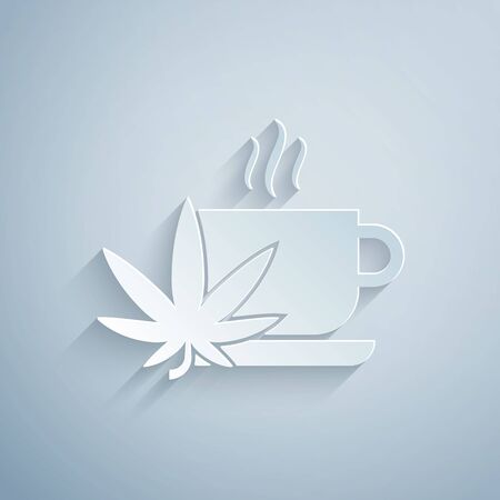 Paper cut Cup tea with marijuana or cannabis leaf icon isolated on grey background. Marijuana legalization. Hemp symbol. Paper art style. Vector Illustrationのイラスト素材