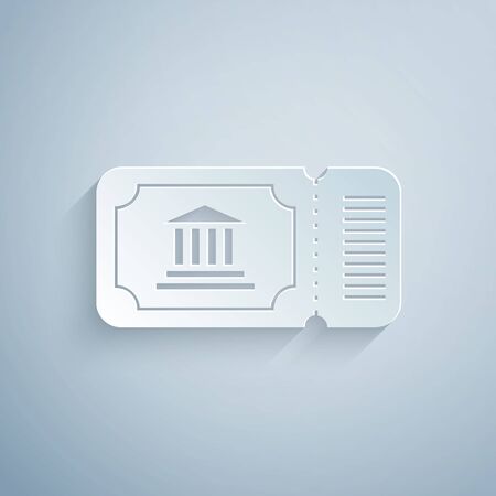 Paper cut Museum ticket icon isolated on grey background. History museum ticket coupon event admit exhibition excursion. Paper art style. Vector Illustrationのイラスト素材