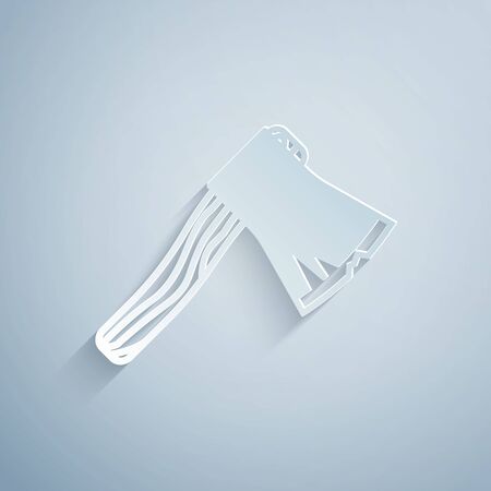 Paper cut Old wooden axe icon isolated on grey background. Lumberjack axe. Paper art style. Vector Illustrationのイラスト素材