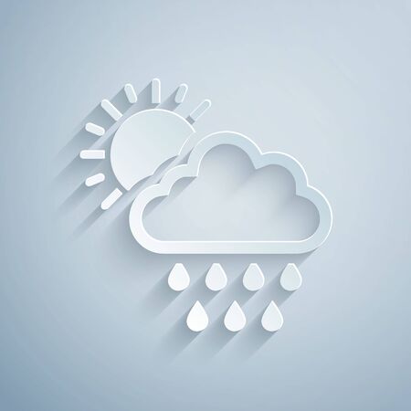 Paper cut Cloud with rain and sun icon isolated on grey background. Rain cloud precipitation with rain drops. Paper art style. Vector Illustrationのイラスト素材