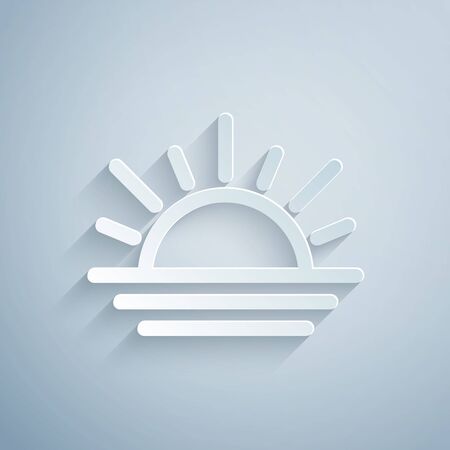 Paper cut Sunset icon isolated on grey background. Paper art style. Vector Illustrationのイラスト素材