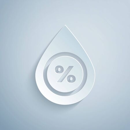 Paper cut Water drop percentage icon isolated on grey background. Humidity analysis. Paper art style. Vector Illustrationのイラスト素材