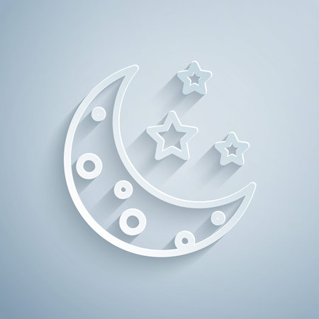 Paper cut Moon and stars icon isolated on grey background. Paper art style. Vector Illustrationのイラスト素材