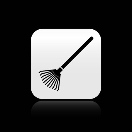 Black Garden rake for leaves icon isolated on black background. Tool for horticulture, agriculture, farming. Ground cultivator. Silver square button. Vector Illustrationのイラスト素材