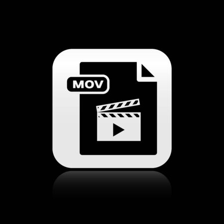 Black MOV file document. Download mov button icon isolated on black background. MOV file symbol. Audio and video collection. Silver square button. Vector Illustrationのイラスト素材
