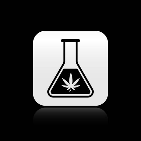 Black Chemical test tube with marijuana or cannabis leaf icon isolated on black background. Research concept. Laboratory CBD oil concept. Silver square button. Vector Illustrationのイラスト素材