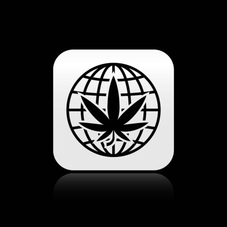 Black Legalize marijuana or cannabis globe symbol icon isolated on black background. Hemp symbol. Silver square button. Vector Illustrationのイラスト素材