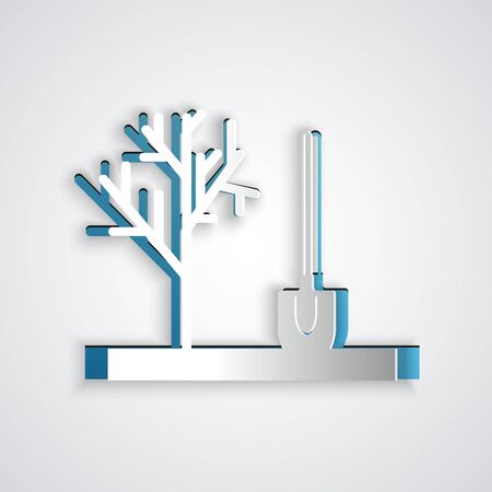 Paper cut Planting a tree in the ground icon isolated on grey background. Gardening, agriculture, caring for environment. Paper art style. Vector Illustrationのイラスト素材