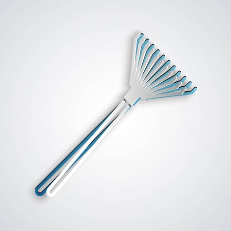 Paper cut Garden rake for leaves icon isolated on grey background. Tool for horticulture, agriculture, farming. Ground cultivator. Paper art style. Vector Illustrationのイラスト素材