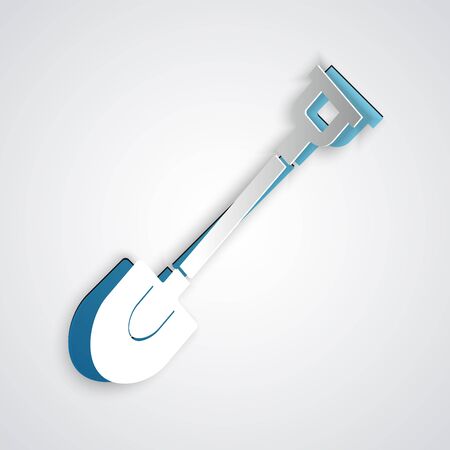 Paper cut Garden shovel icon isolated on grey background. Gardening tool. Tool for horticulture, agriculture, farming. Paper art style. Vector Illustrationのイラスト素材