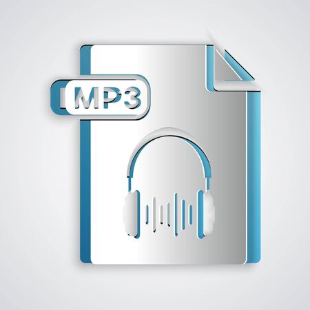 Paper cut MP3 file document. Download mp3 button icon isolated on grey background. Mp3 music format sign. MP3 file symbol. Paper art style. Vector Illustrationのイラスト素材