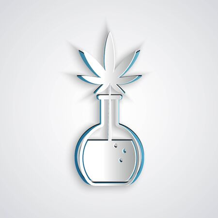 Paper cut Chemical test tube with marijuana or cannabis leaf icon isolated on grey background. Research concept. Laboratory CBD oil concept. Paper art style. Vector Illustrationのイラスト素材