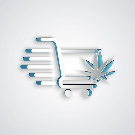Paper cut Shopping cart with marijuana or cannabis leaf icon isolated on grey background. Online buying. Delivery service. Supermarket basket. Paper art style. Vector Illustrationのイラスト素材
