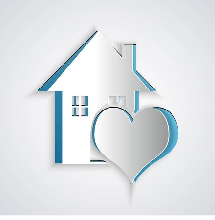 Paper cut House with heart shape icon isolated on grey background. Love home symbol. Family, real estate and realty. Paper art style. Vector Illustrationのイラスト素材