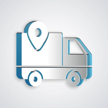Paper cut Delivery tracking icon isolated on grey background. Parcel tracking. Paper art style. Vector Illustrationのイラスト素材
