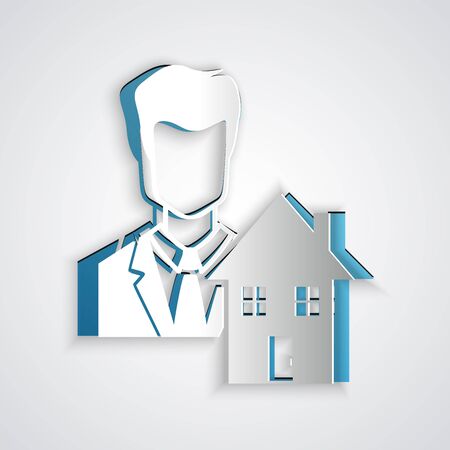 Paper cut Realtor icon isolated on grey background. Buying house. Paper art style. Vector Illustrationのイラスト素材