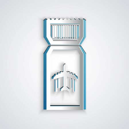 Paper cut Airline ticket icon isolated on grey background. Plane ticket. Paper art style. Vector Illustrationのイラスト素材