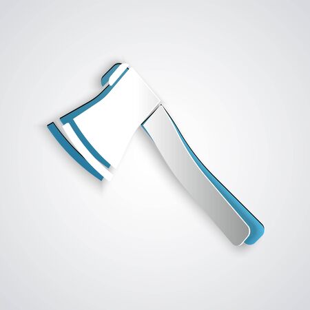 Paper cut Wooden axe icon isolated on grey background. Lumberjack axe. Paper art style. Vector Illustrationのイラスト素材