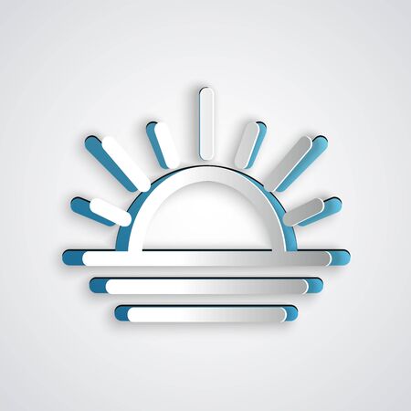 Paper cut Sunset icon isolated on grey background. Paper art style. Vector Illustrationのイラスト素材