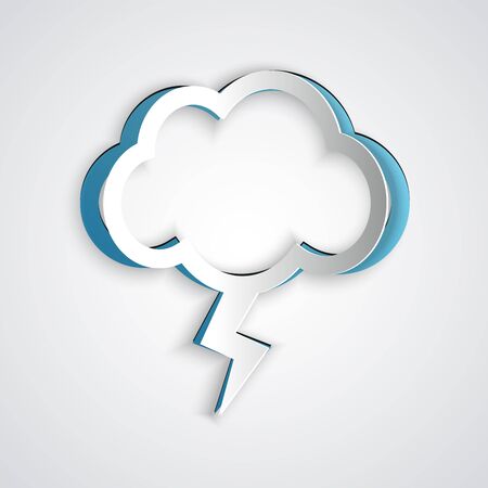 Paper cut Storm icon isolated on grey background. Cloud and lightning sign. Weather icon of storm. Paper art style. Vector Illustrationのイラスト素材