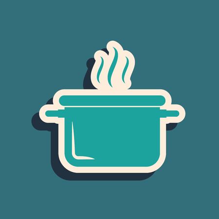 Green Cooking pot icon isolated on blue background. Boil or stew food symbol. Long shadow style. Vector Illustrationのイラスト素材