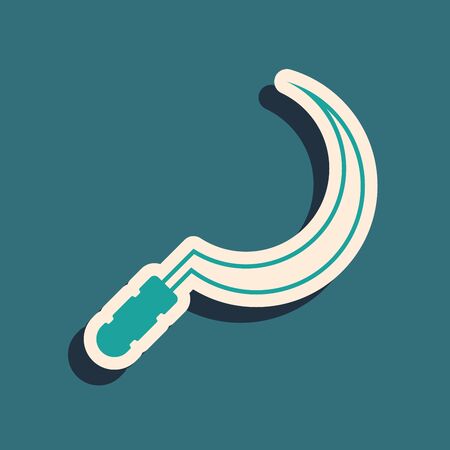 Green Sickle icon isolated on blue background. Reaping hook sign. Long shadow style. Vector Illustrationのイラスト素材