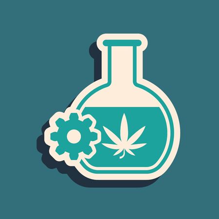 Green Chemical test tube with marijuana or cannabis leaf icon isolated on blue background. Research concept. Laboratory CBD oil concept. Long shadow style. Vector Illustrationのイラスト素材