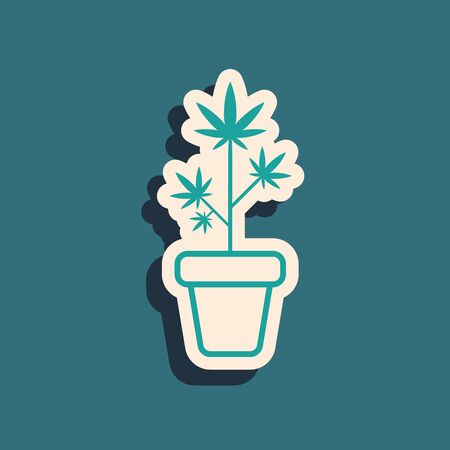 Green Medical marijuana or cannabis plant in pot icon isolated on blue background. Marijuana growing concept. Hemp potted plant. Long shadow style. Vector Illustrationのイラスト素材