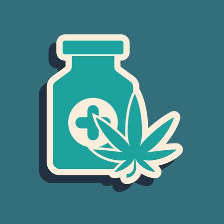 Green Medical bottle with marijuana or cannabis leaf icon isolated on blue background. Mock up of cannabis oil extracts in jars. Long shadow style. Vector Illustrationのイラスト素材