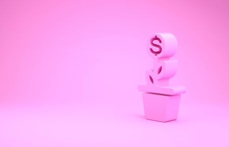 Pink Dollar plant in the pot icon isolated on pink background. Business investment growth concept. Money savings and investment. Minimalism concept. 3d illustration 3D renderの写真素材