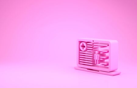 Pink Medical clinical record on laptop icon isolated on pink background. Health insurance form. Prescription, medical check marks report. Minimalism concept. 3d illustration 3D renderの写真素材