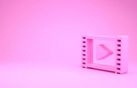 Pink Play Video icon isolated on pink background. Film strip with play sign. Minimalism concept.の写真素材