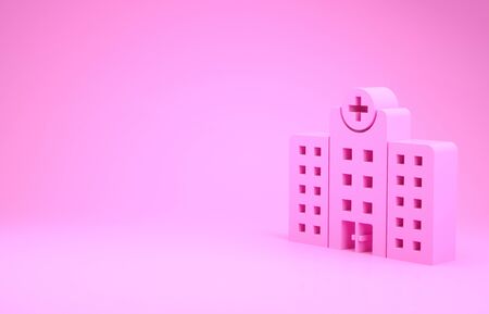 Pink Medical hospital building with cross icon isolated on pink background. Medical center. Health care. Minimalism concept. 3d illustration 3D renderの写真素材