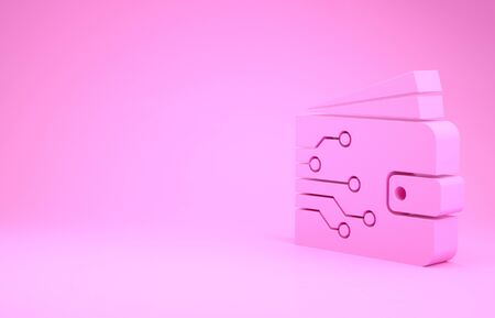 Pink Cryptocurrency wallet icon isolated on pink background. Wallet and bitcoin sign. Mining concept. Money, payment, cash, pay icon. Minimalism concept. 3d illustration 3D renderの写真素材