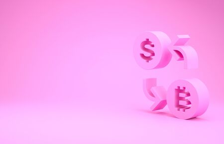 Pink Cryptocurrency exchange icon isolated on pink background. Bitcoin to dollar exchange icon. Cryptocurrency technology, mobile banking. Minimalism concept. 3d illustration 3D renderの写真素材