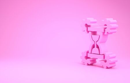 Pink Hourglass and gear icon isolated on pink background. Time Management symbol. Clock and gear icon. Productivity symbol. Minimalism concept. 3d illustration 3D renderの写真素材