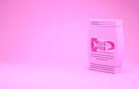 Pink Bag of food for cat icon isolated on pink background. Fish skeleton sign. Food for animals. Pet food package. Minimalism concept. 3d illustration 3D renderの写真素材