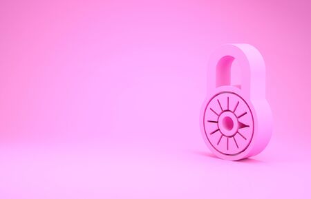 Pink Safe combination lock wheel icon isolated on pink background. Combination padlock. Security, safety, protection, password, privacy. Minimalism concept. 3d illustration 3D renderの写真素材