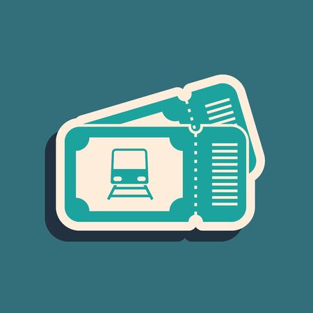 Green Train ticket icon isolated on blue background. Travel by railway. Long shadow style. Vector Illustrationのイラスト素材