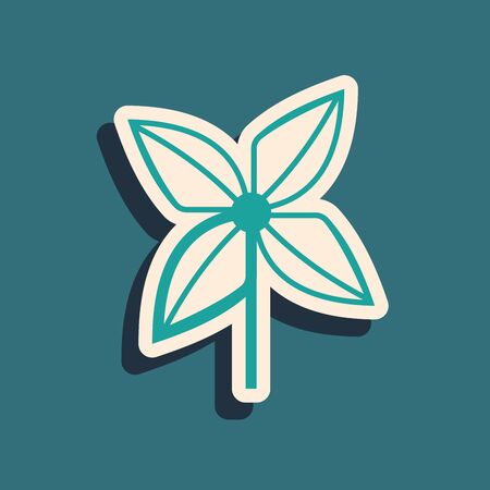 Green Pinwheel icon isolated on blue background. Windmill toy icon. Long shadow style. Vector Illustrationのイラスト素材