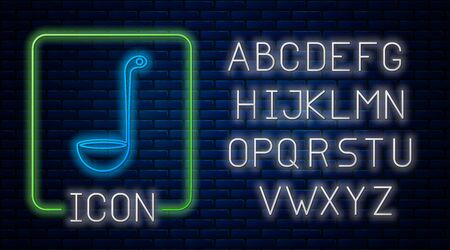 Glowing neon Kitchen ladle icon isolated on brick wall background. Cooking utensil. Cutlery spoon sign. Neon light alphabet. Vector Illustrationのイラスト素材