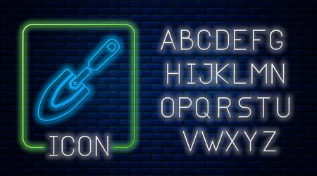 Glowing neon Garden trowel spade or shovel icon isolated on brick wall background. Gardening tool. Tool for horticulture, agriculture, farming. Neon light alphabet. Vector Illustrationのイラスト素材