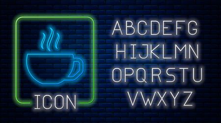 Glowing neon Coffee cup flat icon isolated on brick wall background. Tea cup. Hot drink coffee. Neon light alphabet. Vector Illustrationのイラスト素材