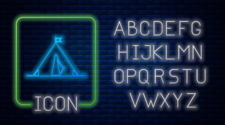 Glowing neon Tourist tent with flag icon isolated on brick wall background. Camping symbol. Neon light alphabet. Vector Illustrationのイラスト素材